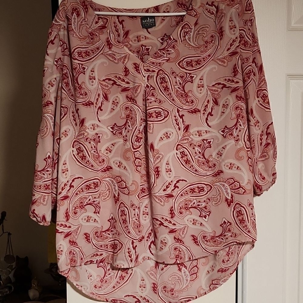 Paisley V neck 3/4 sleeve pink blouse shirt